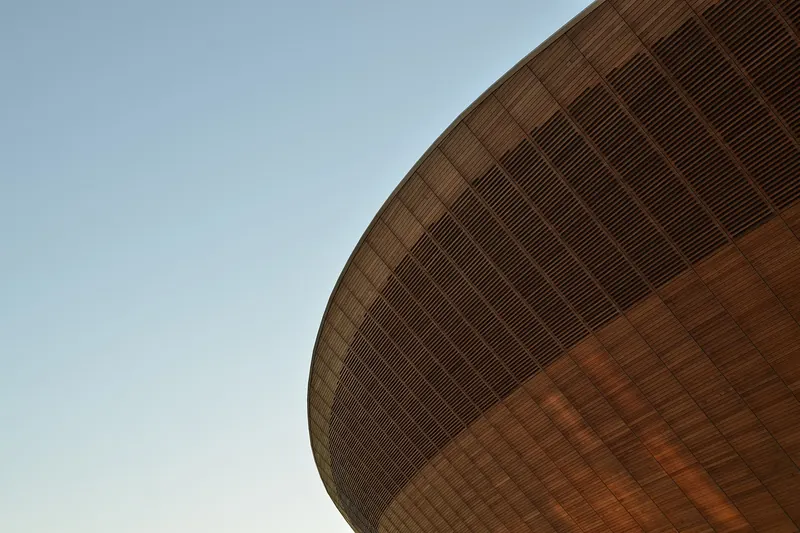Geschwungene Dachkonstruktion einer modernen Sporthalle aus Holzlamellen